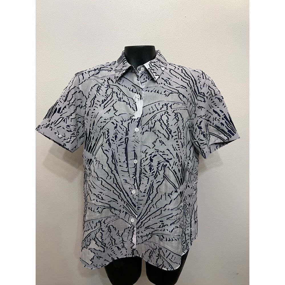 Lafayette 148 Burnout Blouse‎ Women’s S Silver/Navy Blue Artsy Silk Blend Y2K